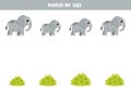 Matching game for preschool kids. Match cute gray elephants and bushes by size