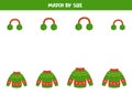 Matching game for preschool kids. Match winter sweaters and headphones by size