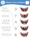 Matching game with teeth and mouth. Dental care math activity for preschool children. Dentist clinic counting worksheet.