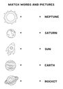 Matching planets of solar system and the words. Educational game for kids. Royalty Free Stock Photo