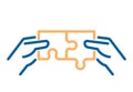 Matching puzzle pieces vector thin line icon. Two hands joining and linking together two pieces of a jigsaw puzzle. Business