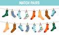 Matching socks game. Puzzle find pair. Preschool children educational worksheet activity. Socks on laundry rope. Match