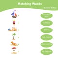 Matching words game summer edition. Matching words game for kids.