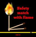 Matchstick burning with flame and smoke on black background. Beautiful bright fire vector format EPS 10. Inscription Safety match