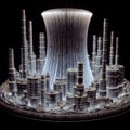 Matchstick city skyline with illuminated tower and skyscrapers, set on a round base., generative ai