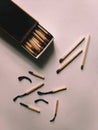 Matchstick flat lay photography ideas, flat laid matchstick and their ash, Matchbox stock photos. Royalty Free Stock Photo