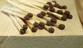 Matchsticks with brown tips on a birch board macro close up Royalty Free Stock Photo