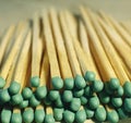 Matchsticks with green tips on a birch board macro close up Royalty Free Stock Photo