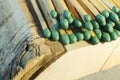 Matchsticks with green tips on a birch board macro close up Royalty Free Stock Photo