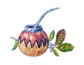 Mate drink in calabash with bombilla and leaves of Paraguayan holly, watercolo