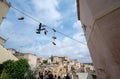 Matera, Basilicata, Italy.August 2021. View of the historic center with the picturesque installation with old pairs of shoes