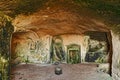 Matera, Basilicata, Italy: interior of an old cave house carved into the tufa rock in the old town Sassi di Matera Royalty Free Stock Photo