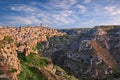 Matera, Basilicata, Italy: landscape at sunrise of the old town over the canyon