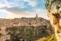 Amazing view of ancient town of Matera, the Sassi di Matera, Basilicata, Southern Italy, spring sunset Royalty Free Stock Photo
