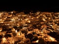 Amazing view of the Sassi of Matera at night. Landscape of the historical part of the town. An Unesco World Heritage Site