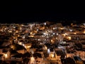 Amazing view of the Sassi of Matera at night. Landscape of the historical part of the town. An Unesco World Heritage Site