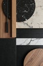 Material board with black leather, marble, wood textures. Design elements for interior decoration. Close-up of various materials Royalty Free Stock Photo