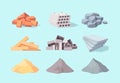 Material building set. Piles large gray cement facing stone drywall packaging yellow sand concrete blocks pile red brick