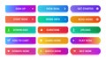 Material design button. Modern colorful gradients, vivid color buttons with icons isolated vector set