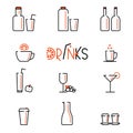 Drinks vector line icons set. Contains icons cup of tea, coffee, glass of vine, cocktail and bottles Royalty Free Stock Photo