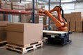 material handling and palletizing robot with cargo container, ready to ship products