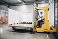 material handling and palletizing robot loading truck, with driver waiting in the cab