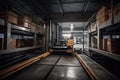 material handling and palletizing robot loading truck, with driver waiting in the cab