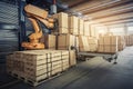 material handling and palletizing robot stacking boxes on pallet in warehouse