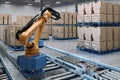 material handling robot transporting heavy load through busy warehouse