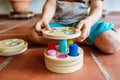 A material of montessori pedagogy, a new style of teaching children in schools around the world, with wooden educational toys Royalty Free Stock Photo