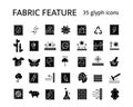 Material properties glyph icons set. Fiber diversity. Uv protection, fireproof fiber. Organic cotton, wool