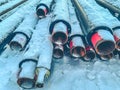 Material for repair work. sewer pipes for laying communications in a residential area. long, black polypropylene pipes. pipes lie