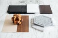 Material Selections including Granite tile, Marble tile, Acoustic tile, Walnut and Ash Wood Laminate with plant. Royalty Free Stock Photo