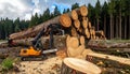 Excavator Loading Logs in a Deforested Area with Tall Pine Trees Keywords: logging, deforestation, excavator Royalty Free Stock Photo
