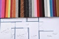 Materials and colors for interior decoration on plan top view Royalty Free Stock Photo