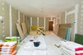 Materials for construction putty packs, sheets of plasterboard or drywall in apartment is under construction, remodeling