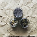 The materials inside the jars create a tactile and visually rich Royalty Free Stock Photo