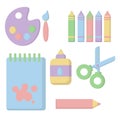 Materials for kid`s creativity in flat style. paints and a brush, scissors, notebook, pencil, glue, crayons. Vector illustration