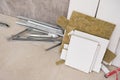 Materials for repairs and tools for remodeling in the house (building) that is under remodeling, renovation Royalty Free Stock Photo