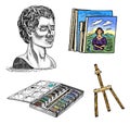 Materials and tools for the artist. Gypsum head and an easel, painting with landscape and colourful palette. Drawn by
