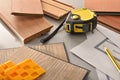 Materials and tools detail on work table of installer elevated Royalty Free Stock Photo