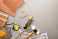 Materials and tools on work table of installer top view Royalty Free Stock Photo