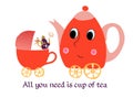 Maternal child cute cartoon poster card with teapot-mother, kettle-baby and cup-stroller