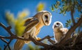 A barn owl feeding her baby chick on a branch, with blurred blue sky and tree branches background, side view generative AI