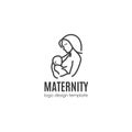 Maternity concept, breast-feeding - happy woman with newborn. Vector logo design template in linear style
