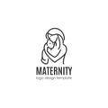 Maternity concept - happy woman with newborn. Vector logo design template in linear style