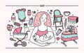 Maternity concept. Horizontal banner with mother and baby, different children s accessories. Line art colorful vector