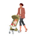 Maternity Concept. Young Mom and Little Baby in Stroller Walk Together. Mother Character Walking With Child in Carriage Royalty Free Stock Photo