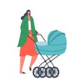 Maternity Concept. Young Mom and Little Baby in Stroller Walk Together. Mother Walking With Child in Carriage Royalty Free Stock Photo