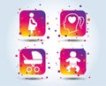 Maternity icons. Baby infant, pregnancy, buggy. Royalty Free Stock Photo